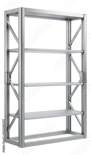 Foldable open shelving unit made from lightweight aluminum, convenient for temporary setups in a home office.