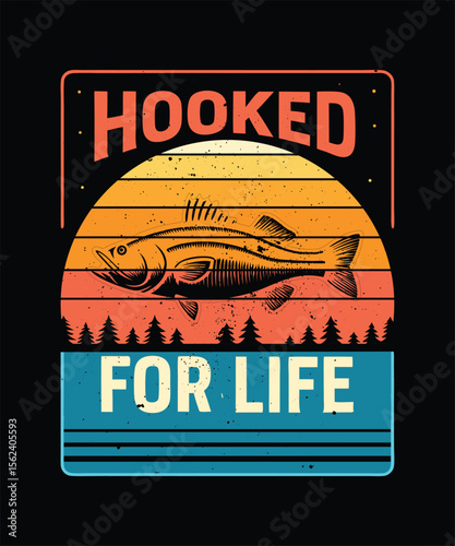 Retro-style graphic design of Hooked for Life with fish.