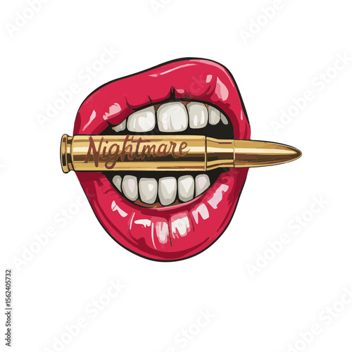 A stylized digital illustration of bright red glossy lips
against a black background. The lips are parted, revealing white teeth, and a golden bullet with the text "Nightmare"