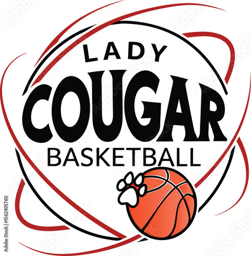 Lady cougar basketball team logo with paw print on ball and dynamic swirls isolated on transparent background