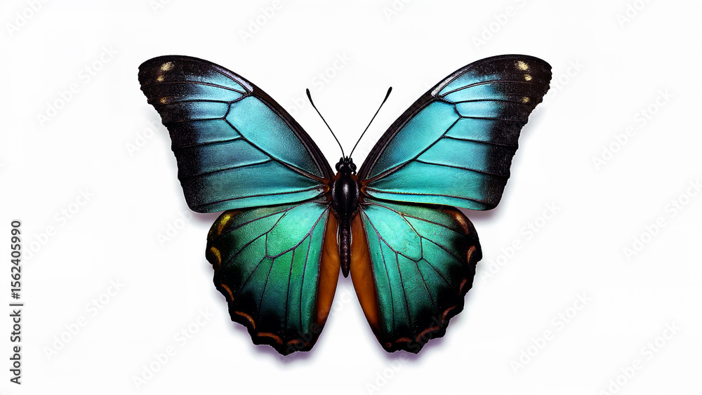 Fototapeta premium Blue butterfly with wings fully spread, isolated on a white background. Suitable for educational, scientific, or design purposes requiring clear butterfly details.