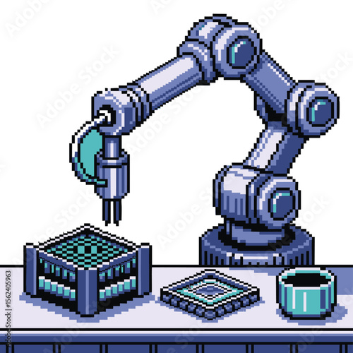 Pixel art industrial robot arm working on electronic components on a workbench