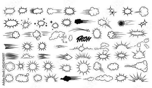 Collection of black and white comic book sound effects and motion lines elements for graphic design