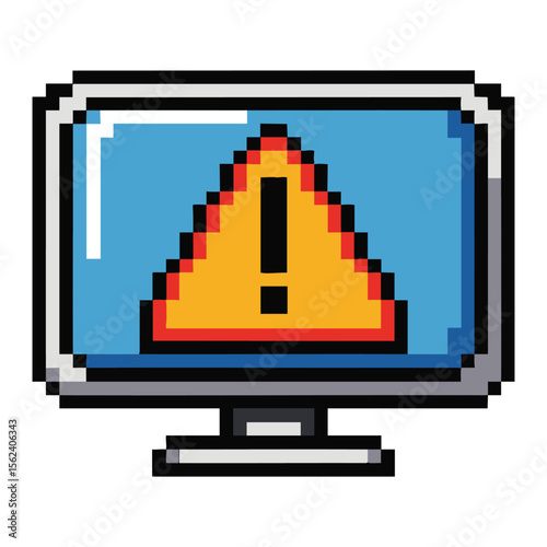 Retro pixel art computer monitor displaying a yellow warning triangle with an exclamation mark