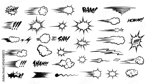 Collection of comic book sound effects speed motion lines clouds explosions and speech bubbles elements in black and white design