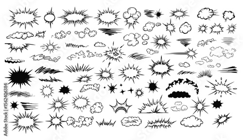 Collection of comic book elements featuring various burst and cloud effects in black and white with comic style