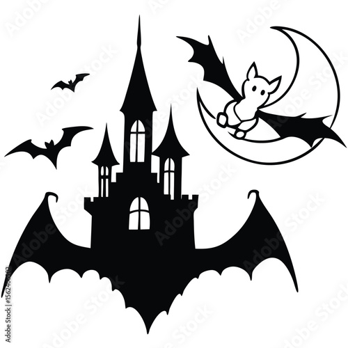 A spooky Halloween castle with bats silhouetted against a dark moonlit night