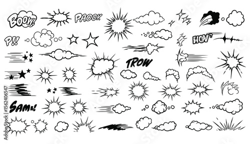 Collection of comic book speech bubbles effects and sound words in black and white retro style elements for design