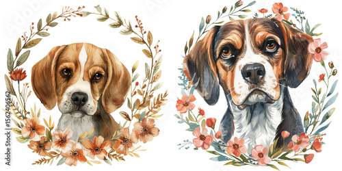 cute beagle with flowers wreath watercolor vector illustration