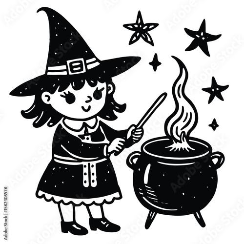 A spooky Halloween witch with a magic wand, black cat, and pumpkin, perfect for a fun autumn night illustration