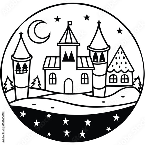 A cartoon fairy tale castle stands on a hill at night, its fantasy architecture illuminated, an old medieval fortress tower