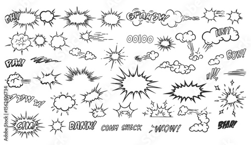 Collection of hand drawn comic book sound effects and speech bubbles in black and white vector illustrations