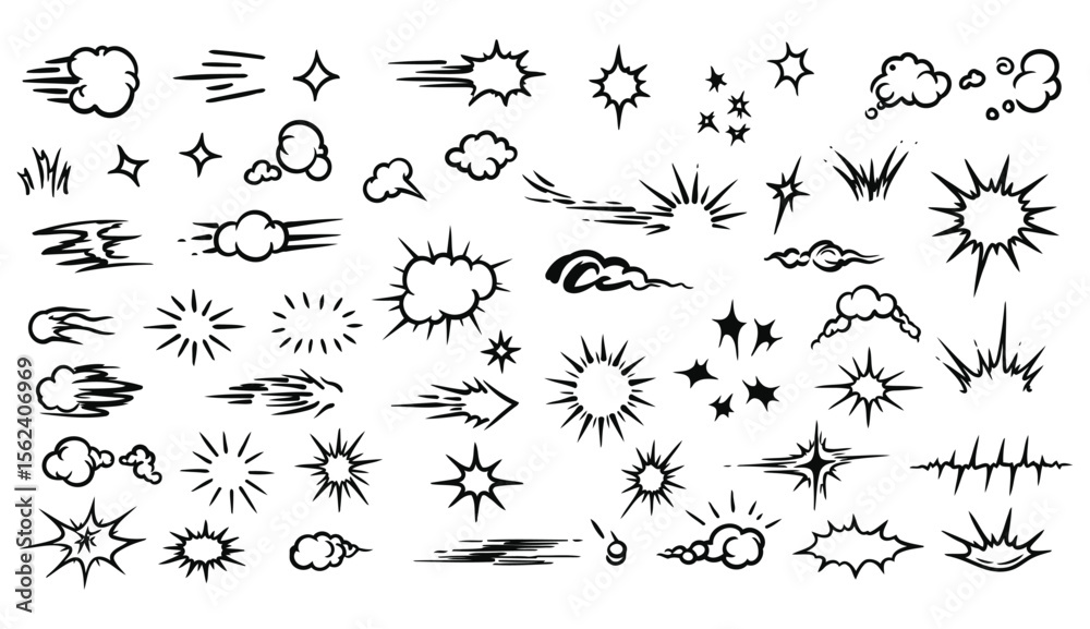 Fototapeta premium Comic book elements collection set of decorative burst effects speed lines and starbursts in black and white