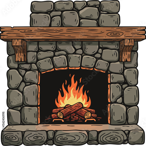 Stone Fireplace with Wooden Mantel and Burning Fire Illustration Cozy Warmth 