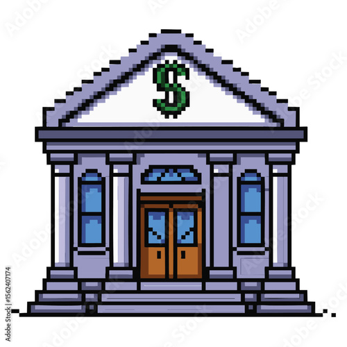 Pixel art bank building with dollar sign on facade and grand entrance