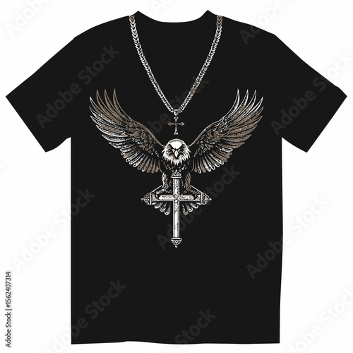 Black T-shirt with an eagle depicted on it and a cross necklace around it.
