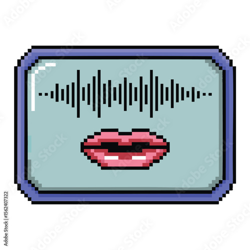 Pixel art representation of a mouth speaking with a sound wave visualization