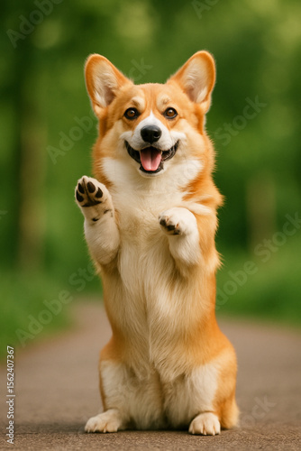  A Joyful Pembroke Welsh Corgi Standing Upright on A Path, with its Front Paws Raised in A Playful or Begging Gesture. The Dog is Smiling, with its Tongue Visible