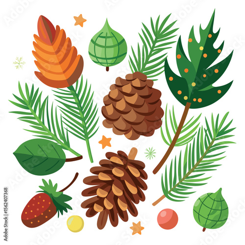 Cartoon Pine Cones and Branches – Fir Tree Elements, Timber, and Shell Clipart – Hand-Drawn Forest Illustration for Seasonal Decor, Nature Crafts, and Holiday Design Projects