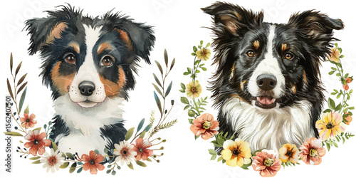 cute border collie with flowers wreath watercolor vector illustration
