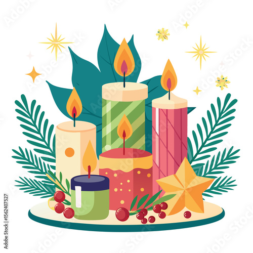 Flat Christmas Candles Set – Decorative Scented Holiday Illustrations for Winter Decor, Festive Cards, and Cozy Seasonal Design – Xmas Clipart Collection