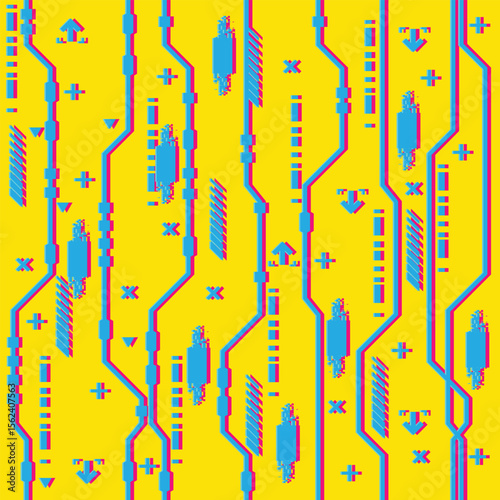 electronic circuit board sci-fi cyberpunk y2k  gaming retro-futuristic pattern seamless wallpaper for fashion fabric textile, 2d vector illustration 