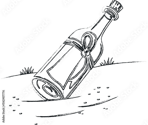 Hand-Drawn Whimsical Message in a Bottle Vector – Monochrome Doodle Illustration