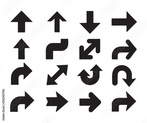 Collection of black arrow icons pointing in various directions on a white background