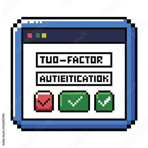 Pixel art representation of two factor authentication with checkmarks and a red x