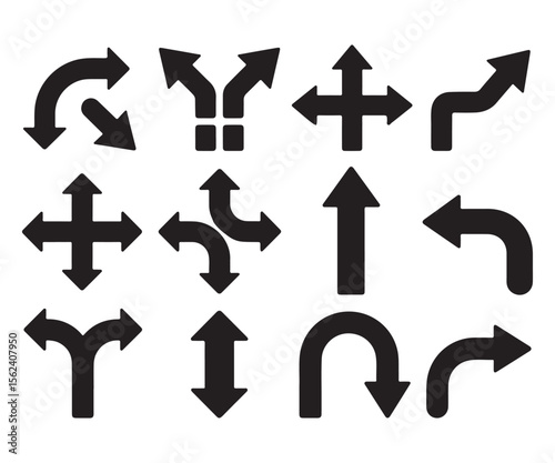 Collection of diverse black arrow icons representing directions and choices on a white background