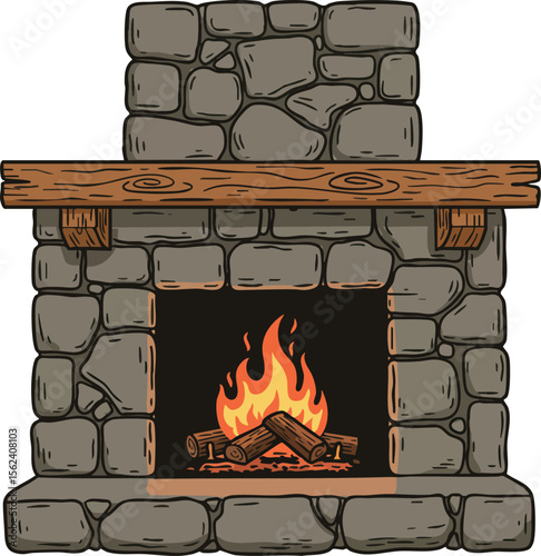 Stone Fireplace with Wooden Mantel and Burning Fire Illustration in Cozy Style 