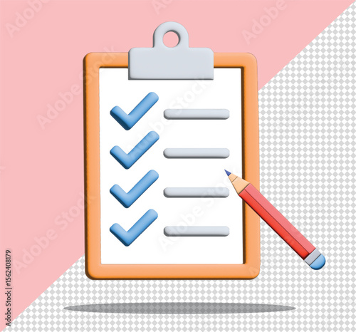 3D Clipboard Checklist with Hand and Pencil Icon for UI/UX Design