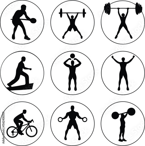 Collection of nine circular icons depicting athletes engaged in various sports and fitness activities including weightlifting cycling gymnastics and more isolated on transparent background