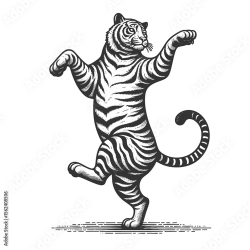 Dancing Tiger sketch engraving generative ai fictional character vector illustration. Scratch board imitation. Black and white image.