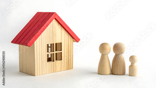 Minimalist Conceptual Photograph of a Small Wooden House with Red Roof and Three Wooden Peg Dolls Representing a Family on White Background