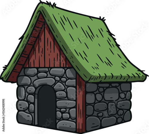 Stone house with wooden frame and green thatched roof simple cartoon vector illustration 
