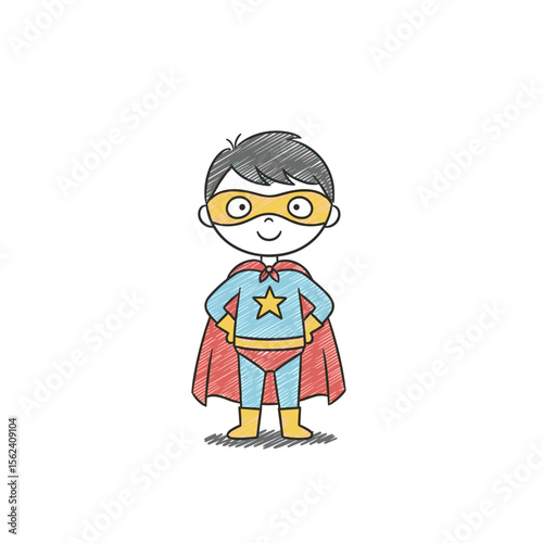 Cartoon boy superhero standing confidently with cape and mask  