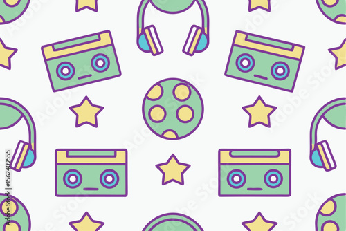 Retro 80s-90s Vibrant Neon Cassette Tape and Headphones Seamless Pattern
