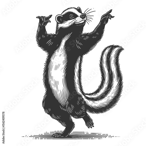 Dancing Skunk sketch engraving generative ai fictional character vector illustration. Scratch board imitation. Black and white image.