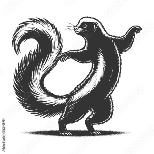 Dancing Skunk sketch engraving generative ai fictional character vector illustration. Scratch board imitation. Black and white image.