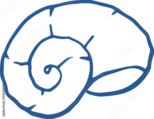 Blue whimsical drawing of beach wave swirl seashell. Line art summer sea shell coastal illustration