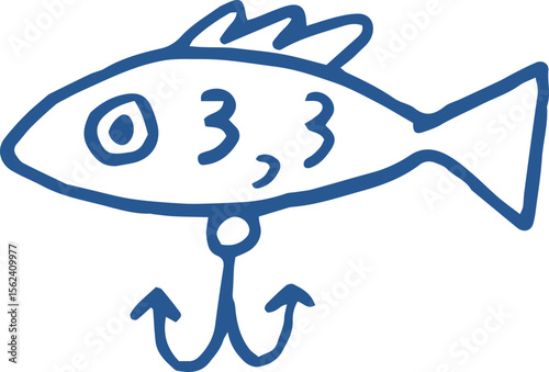 Illustration of a Fish shape fishing lure, Line art. Outline fishing bait with hook, whimsical doodle drawing, vector