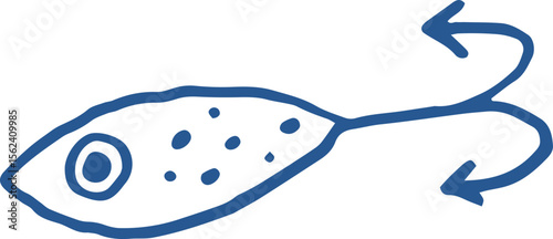 Illustration of a Fish shape fishing lure, Line art. Outline fishing bait with hook, whimsical doodle drawing, vector