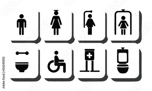 Vector illustration silhouette icon represent a different concept related to bathroom facilities,  male, female, family, baby, WC, disabled access, shower, and toilet, easily editable.