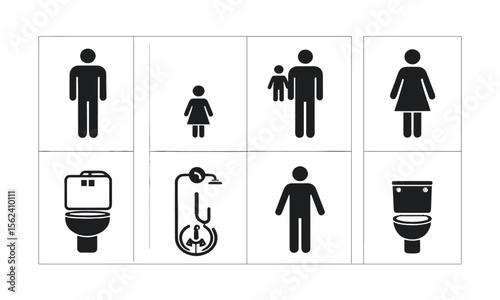 Vector illustration silhouette icon represent a different concept related to bathroom facilities,  male, female, family, baby, WC, disabled access, shower, and toilet, easily editable.