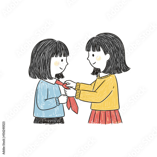 Two girls dressing up and smiling while adjusting a tie  