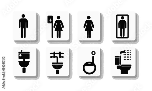 Vector illustration silhouette icon represent a different concept related to bathroom facilities,  male, female, family, baby, WC, disabled access, shower, and toilet, easily editable.
