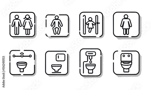 Vector illustration silhouette icon represent a different concept related to bathroom facilities,  male, female, family, baby, WC, disabled access, shower, and toilet, easily editable.