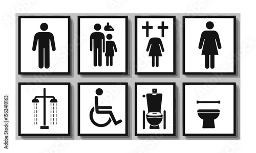 Vector illustration silhouette icon represent a different concept related to bathroom facilities,  male, female, family, baby, WC, disabled access, shower, and toilet, easily editable.