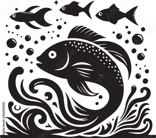 Whimsical cartoon fish illustration in a distinctive silhouette style